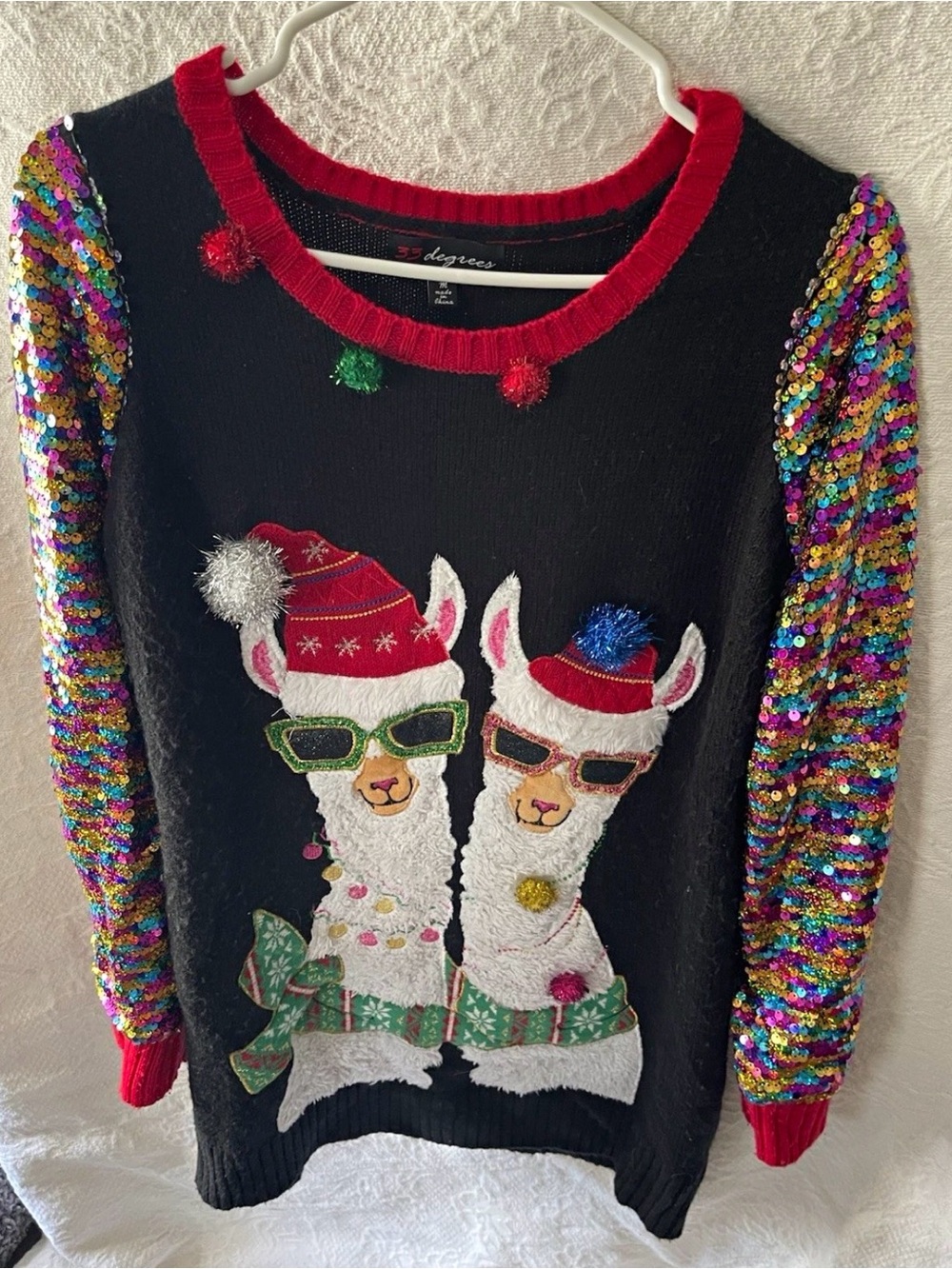 3D Fuzzy Twins Fa la la la Llama Ugly Christmas Sweater Sequin Sleeve Sparkle